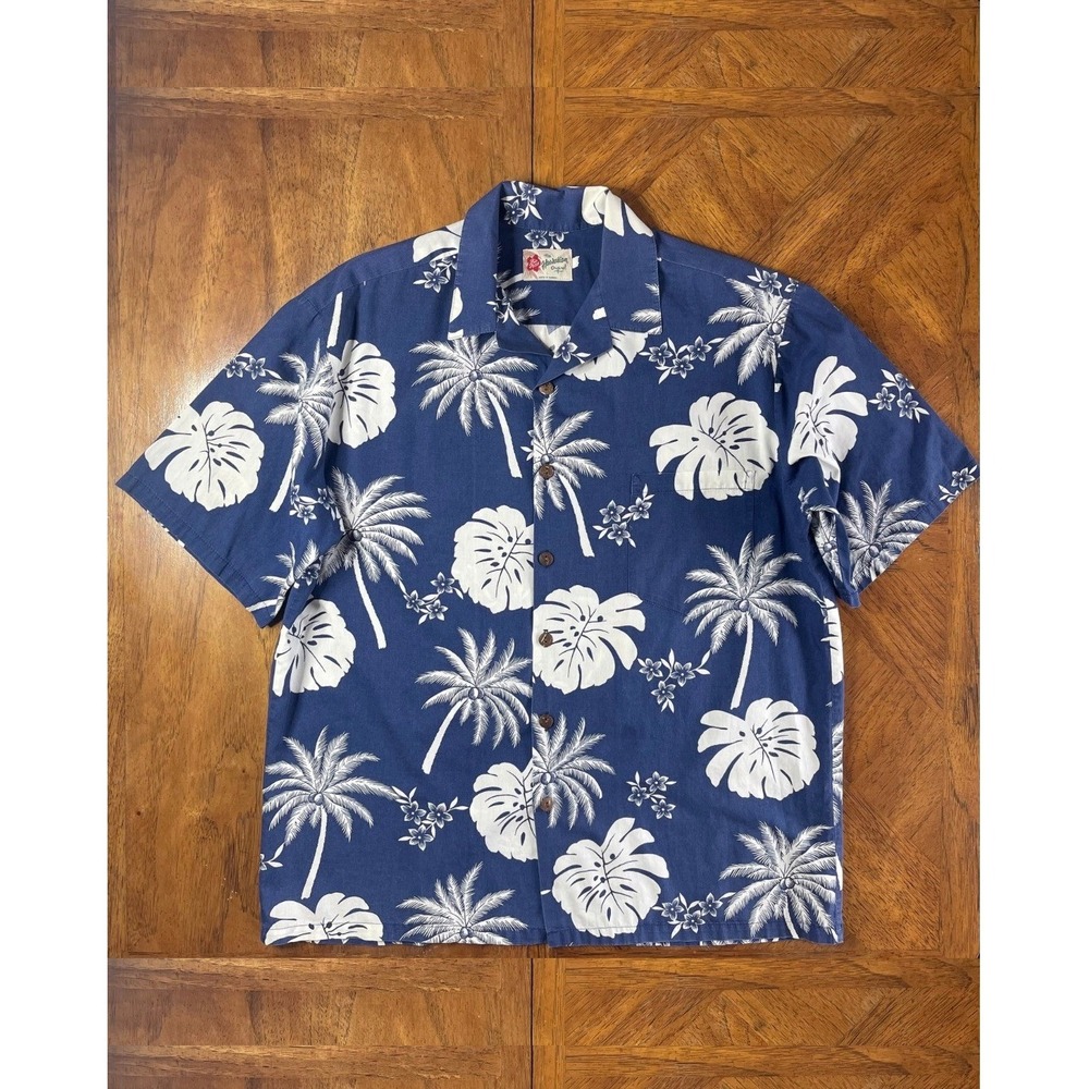 Hilo Hattie Hawaiian Shirt Blue White Palm Monstera 90s Vintage Cotton L
